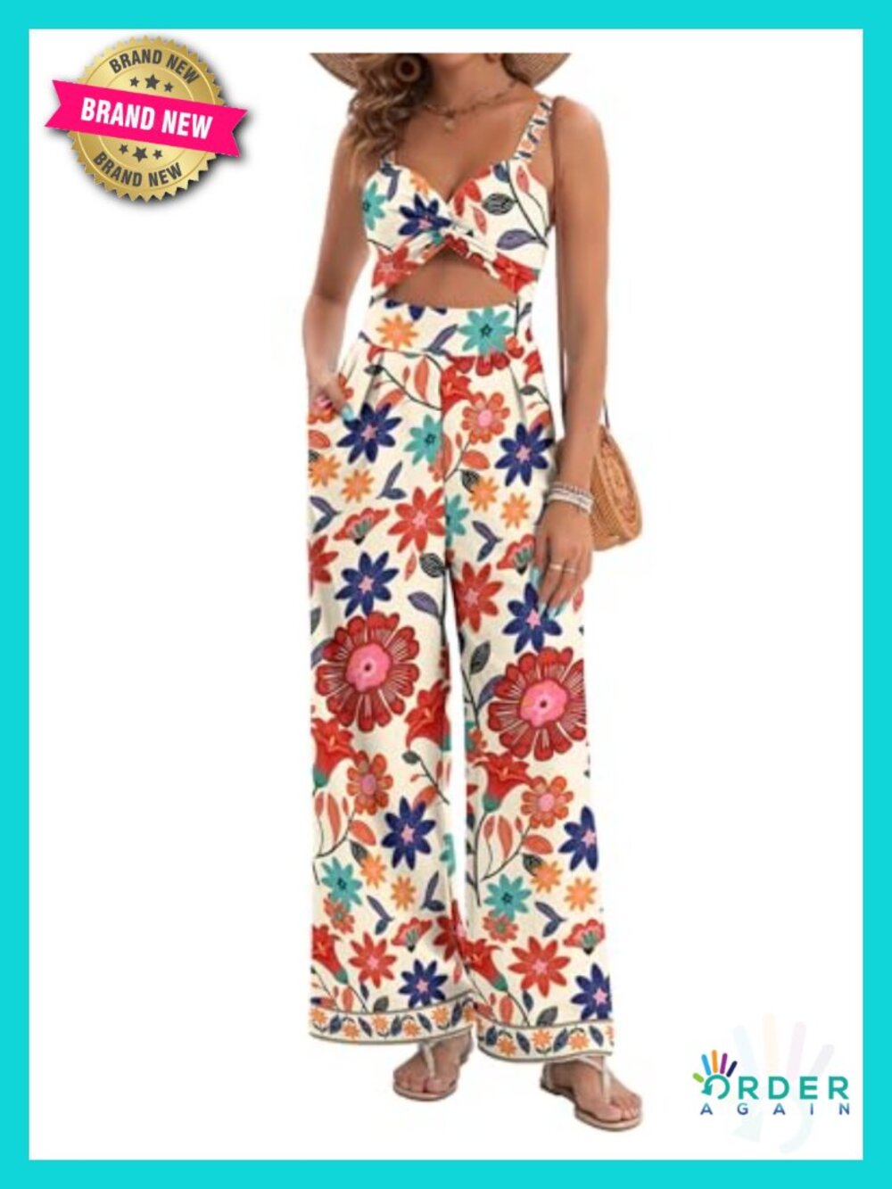Sleeveless V Neck Twist Front Wide Leg Jumpsuit with Pockets